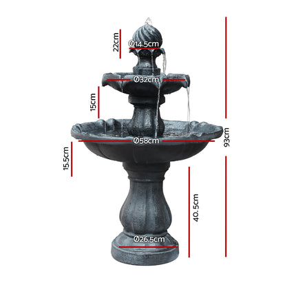 Gardeon Solar Water Feature 3-Tier Fountain with Pump Kit Bird Bath 93CM Black.