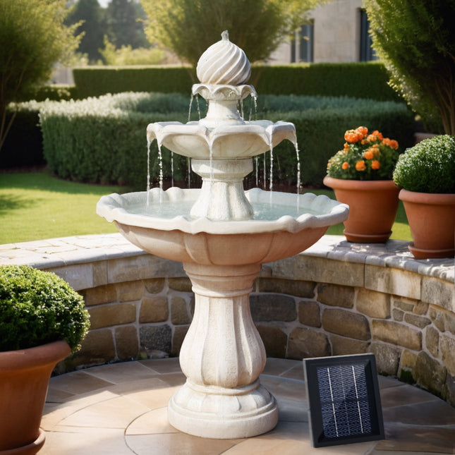 Gardeon Solar Water Feature 3-Tier Fountain with Pump Kit Bird Bath 93CM Ivory.