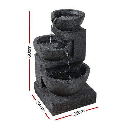 Gardeon Solar Water Feature Cascading Fountain 3-Tier Bowl LED Lights 60CM Blue.
