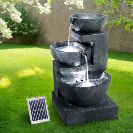 Gardeon Solar Water Feature Cascading Fountain 3-Tier Bowl LED Lights 60CM Blue.