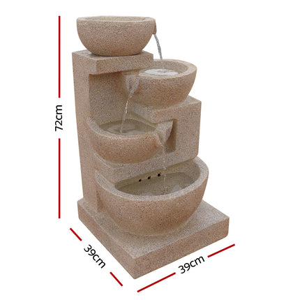 Gardeon Solar Water Feature Cascading Fountain 4-Tier Bowl LED Lights 72CM Sand.