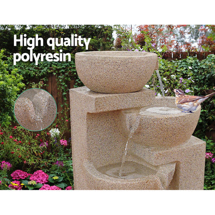 Gardeon Solar Water Feature Cascading Fountain 4-Tier Bowl LED Lights 72CM Sand.