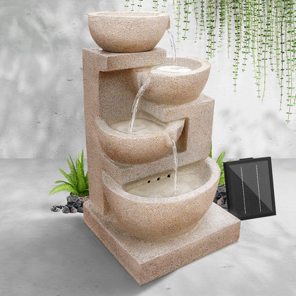 Gardeon Solar Water Feature Cascading Fountain 4-Tier Bowl LED Lights 72CM Sand.