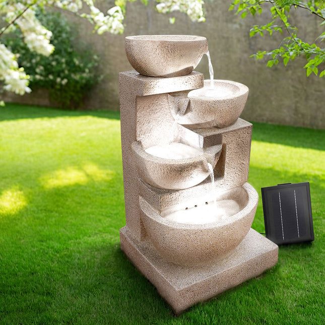 Gardeon Solar Water Feature Cascading Fountain 4-Tier Bowl LED Lights 72CM Sand.