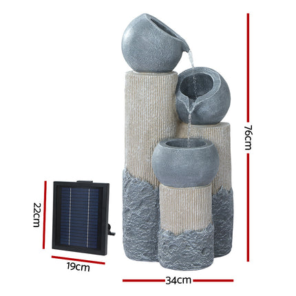 Gardeon Solar Water Feature Cascading Fountain 3-Tier Pot LED Lights 76CM Grey.