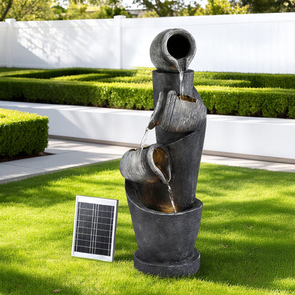 Gardeon Solar Fountain Water Feature Cascading Fountain 3-Tier Pot LED Lights 80CM Grey.