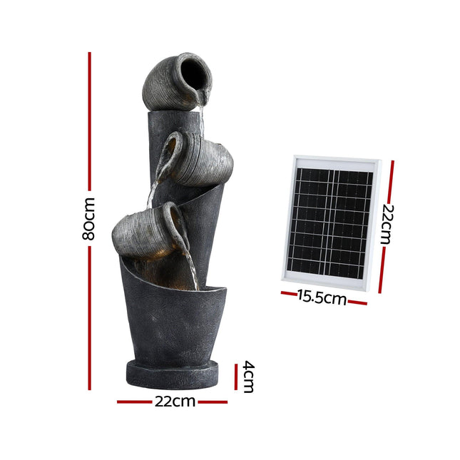 Gardeon Solar Fountain Water Feature Cascading Fountain 3-Tier Pot LED Lights 80CM Grey.