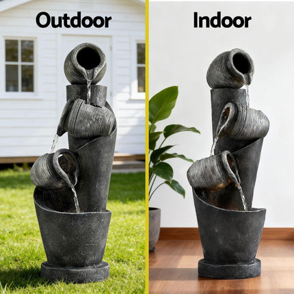 Gardeon Solar Fountain Water Feature Cascading Fountain 3-Tier Pot LED Lights 80CM Grey.