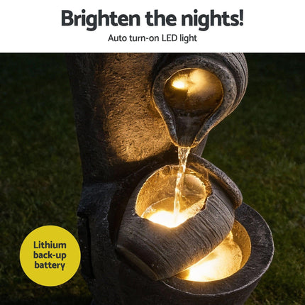 Gardeon Solar Fountain Water Feature Cascading Fountain 3-Tier Pot LED Lights 80CM Grey.
