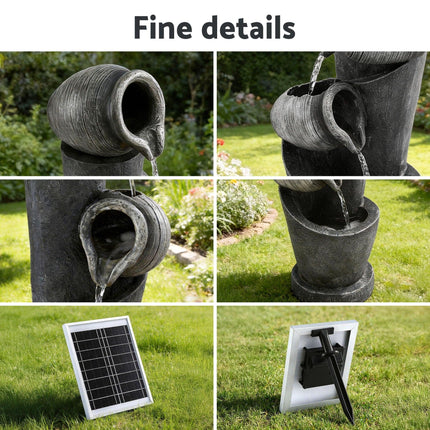 Gardeon Solar Fountain Water Feature Cascading Fountain 3-Tier Pot LED Lights 80CM Grey.
