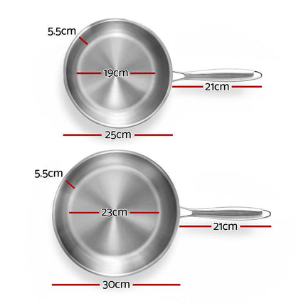 5-star Chef Frying Pan Stainless Steel Uncoated Twin Frypan Set 25/30cm Silver.