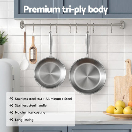 5-star Chef Frying Pan Stainless Steel Uncoated Twin Frypan Set 25/30cm Silver.
