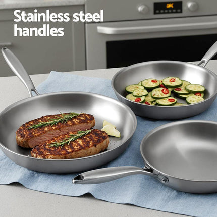 5-star Chef Frying Pan Stainless Steel Uncoated Twin Frypan Set 25/30cm Silver.