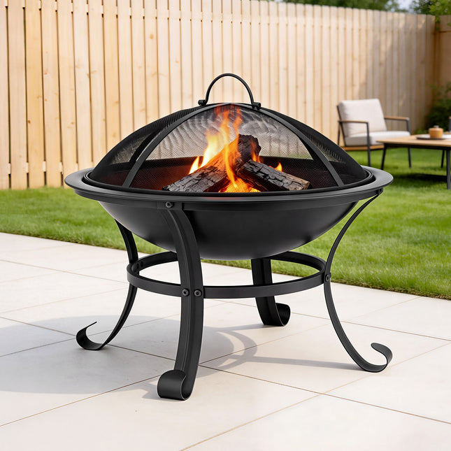 Grillz Fire Pit with Mesh Lid and Fire Picker BBQ Grill Wood Burning Outdoor Camping.
