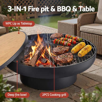 Grillz Fire Pit Table with Lid Deep Fire Bowl Wood Burning BBQ Grill for Backyard Camping Patio Picnic.