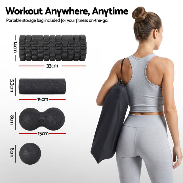Everfit Foam Roller Set 4 in 1 Grid High Density Massager for Deep Tissue Trigger Point Myofascial Release Back Pain Muscle Recovery Gym Home Fitness Equipment with Storage Bag Supports 150kg.