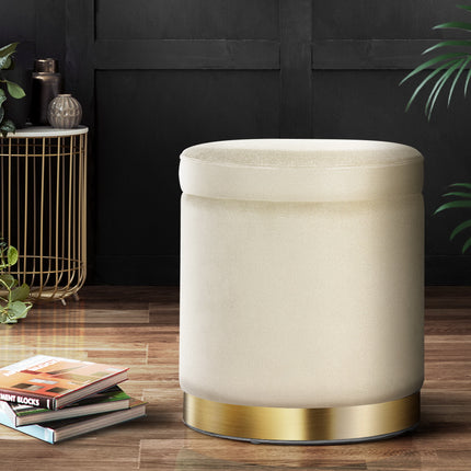 Artiss Ottoman Storage Foot Stool Round Velvet Cream.