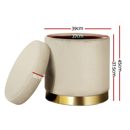 Artiss Ottoman Storage Foot Stool Round Velvet Cream.