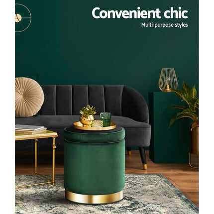 Artiss Ottoman Storage Foot Stool Round Velvet Green.