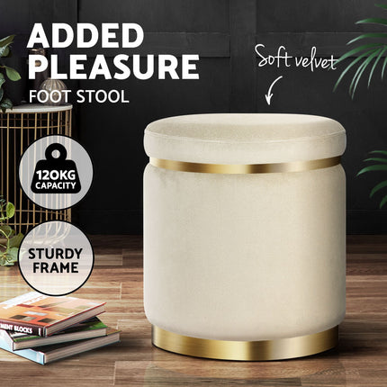 Artiss Ottoman Foot Stool Round Velvet Cream.