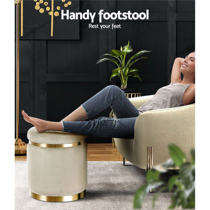 Artiss Ottoman Foot Stool Round Velvet Cream.