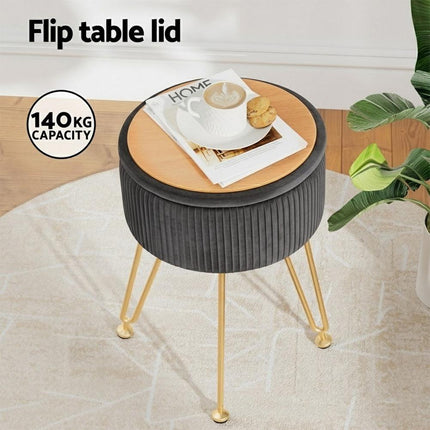 Artiss Ottoman Storage Foot Stool Vanity Velvet Round Grey.