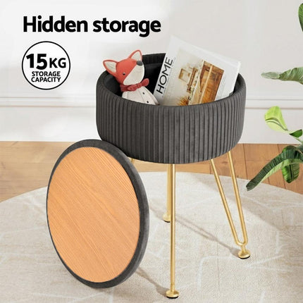 Artiss Ottoman Storage Foot Stool Vanity Velvet Round Grey.