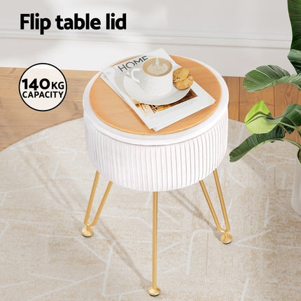 Artiss Ottoman Storage Foot Stool Vanity Velvet Round White.