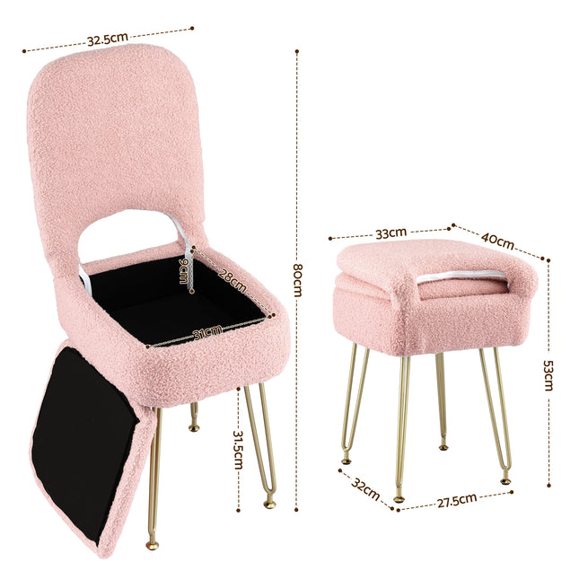 Artiss Storage Ottoman Vanity Stool Foot Stool Folding Back Pink.