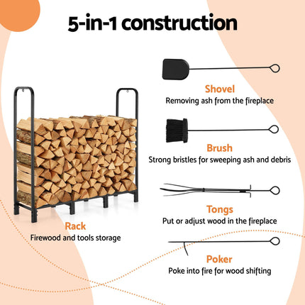 Gardeon Firewood Rack 120cm Wood Rack 3 Sizes Firewood Storage with Tools Black.