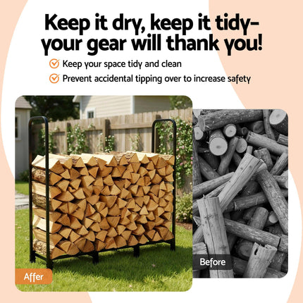 Gardeon Firewood Rack 120cm Wood Rack 3 Sizes Firewood Storage with Tools Black.