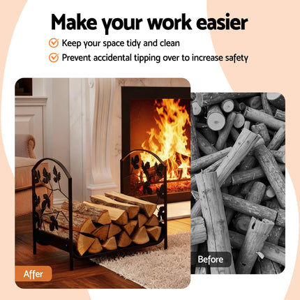 Gardeon Firewood Rack 48cm Wood Rack Firewood Storage Indoor Outdoor Black.