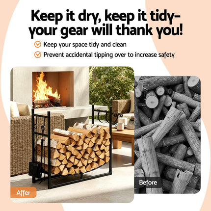 Gardeon Firewood Rack 84cm Wood Rack Firewood Storage Indoor Outdoor Black.