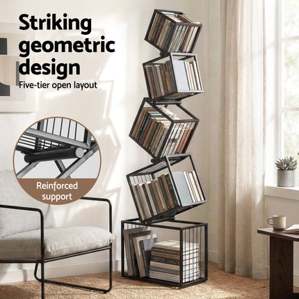 Artiss 5-Tier Bookshelf Metal Geometric Display Shelf Storage Organizer Black.