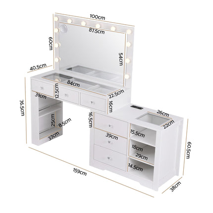 Artiss Dressing Table Mirror Charging Station Glass Top Makeup Vanity Desk RGB Cabinet Storage Drawers Hairdryer Holder White
