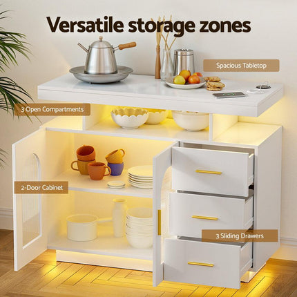 Artiss Buffet Sideboard Cabinet LED Clear Door Kitchen Storage Drawers White.