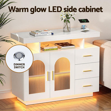 Artiss Buffet Sideboard Cabinet LED Clear Door Kitchen Storage Drawers White.