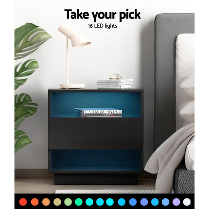 Artiss Bedside Table LED with 2 Shelves - HANA Black.