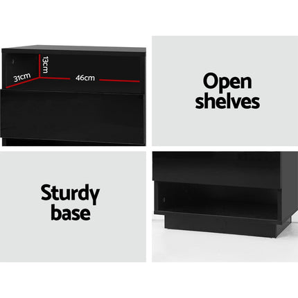 Artiss Bedside Table LED with 2 Shelves - HANA Black.