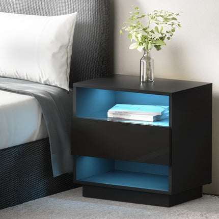 Artiss Bedside Table LED with 2 Shelves - HANA Black.