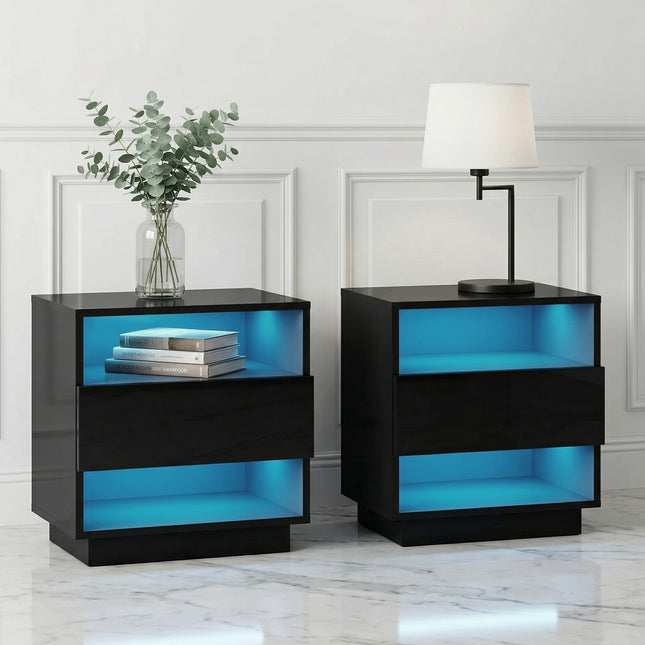 Artiss 2x Bedside Table LED with 2 Shelves - HANA Black.