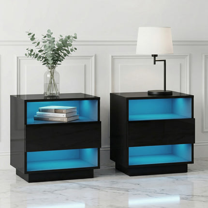 Artiss 2x Bedside Table LED with 2 Shelves - HANA Black.