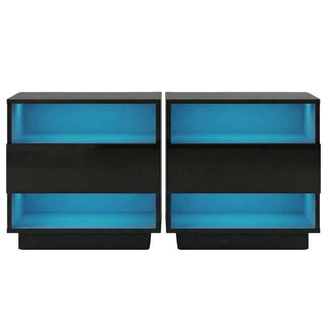 Artiss 2x Bedside Table LED with 2 Shelves - HANA Black.