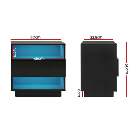 Artiss 2x Bedside Table LED with 2 Shelves - HANA Black.