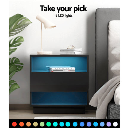 Artiss 2x Bedside Table LED with 2 Shelves - HANA Black.
