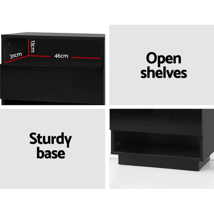 Artiss 2x Bedside Table LED with 2 Shelves - HANA Black.