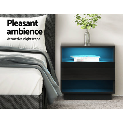 Artiss 2x Bedside Table LED with 2 Shelves - HANA Black.