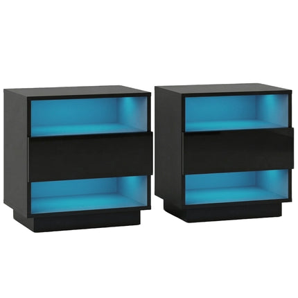 Artiss 2x Bedside Table LED with 2 Shelves - HANA Black.