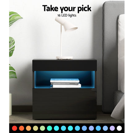 Artiss 2x Bedside Table LED - HERES Black.