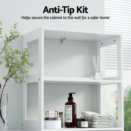 Artiss Bathroom Floor Storage Cabinet with 2 Drawers 3 Open Shelves 2 Doors White.